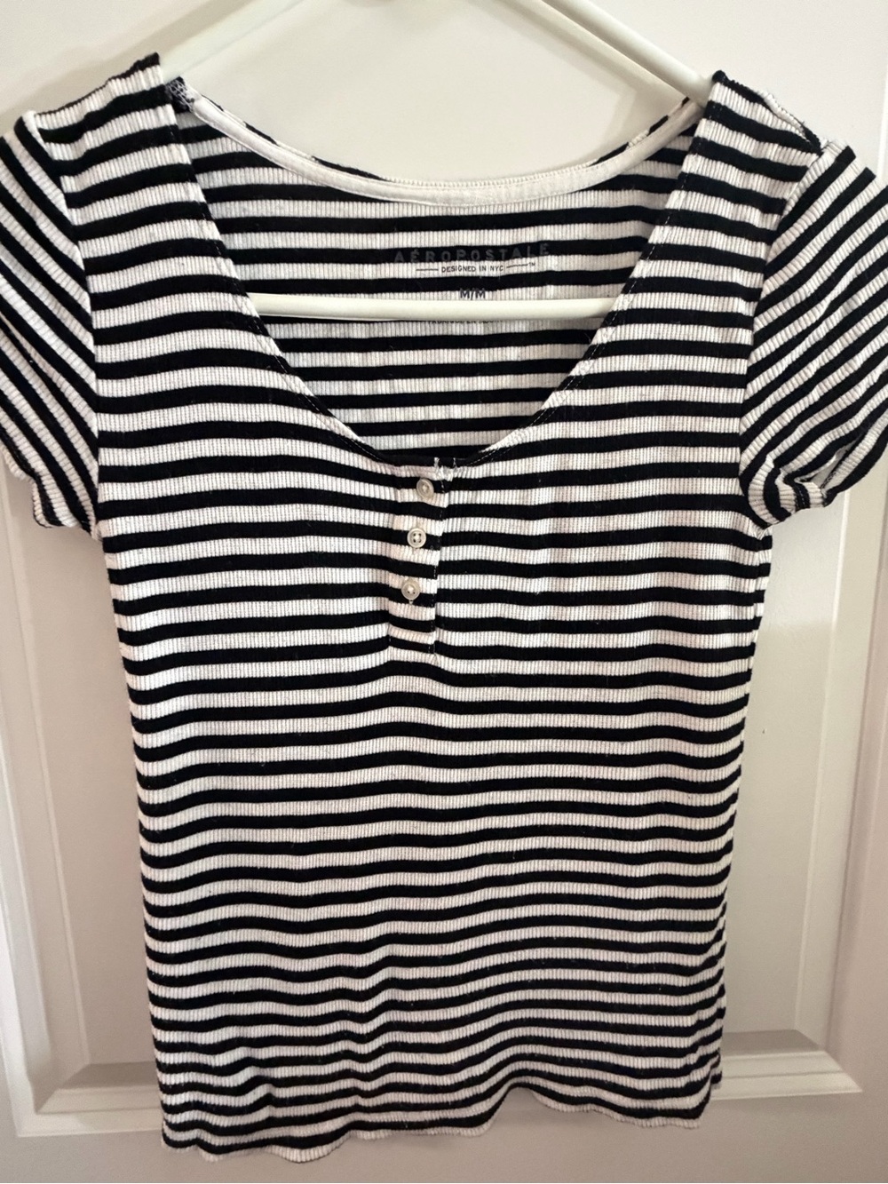 Aeropostale Black and White Striped Ribbed Button-Front Tee